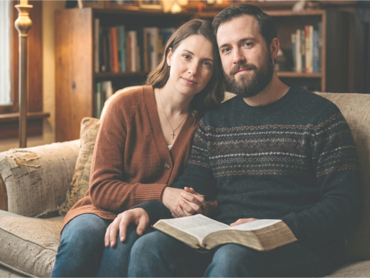 Couple sitting together with book